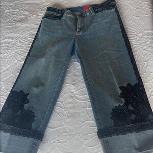Women's Blue Jeans with Black Lace Detail Christina